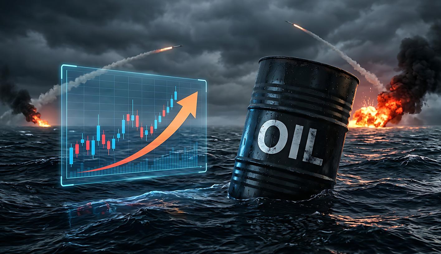 Rising oil prices chart with barrel floating in stormy sea during conflict scenario showing fuel costs inflation energy crisis market volatility global economic impact military tension
