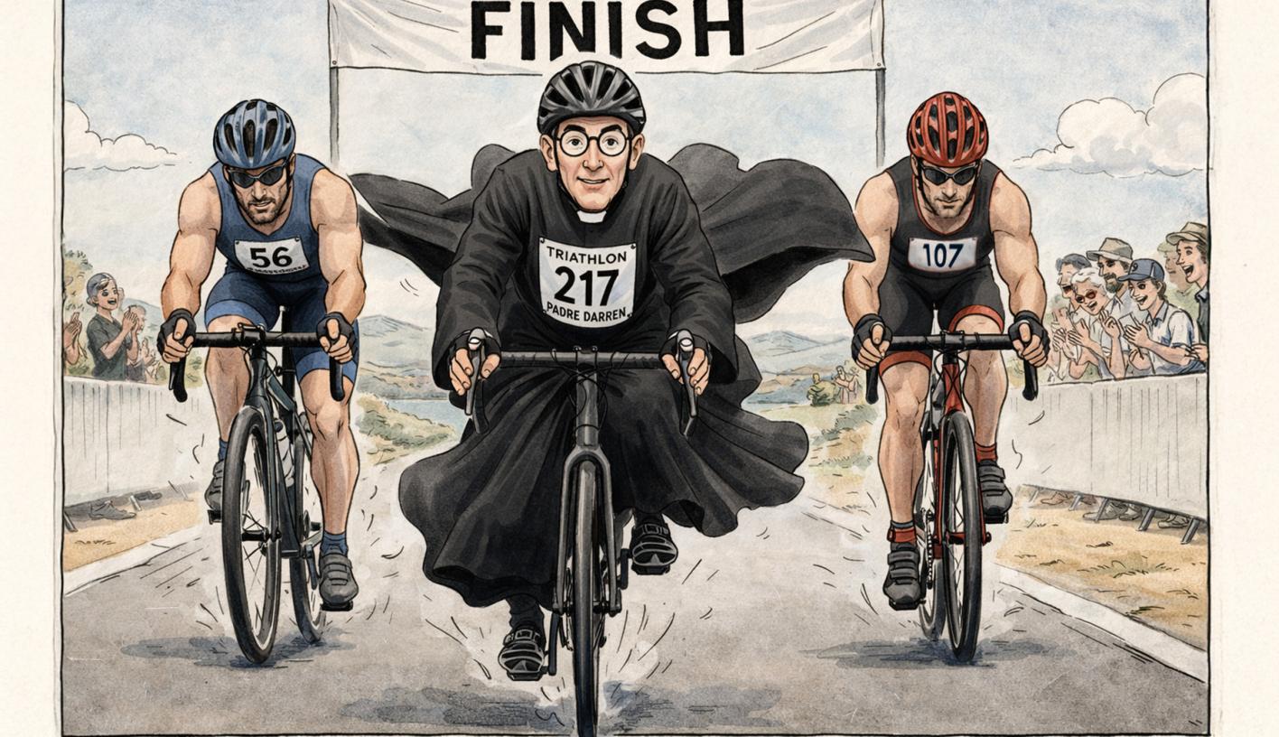 Cartoon showing a slim padre in robes on a bicycle winning a triathalon against two very heavily muscled men.