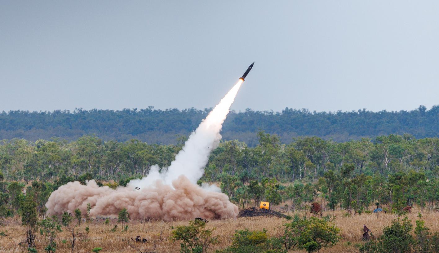 An Australian Army HIMARS from 14th Regiment, Royal Australian Artillery, fires a Precision Strike Missile (PrSM) from Mount Bundey Training Area, Northern Territory during Exercise Talisman Sabre 2025.