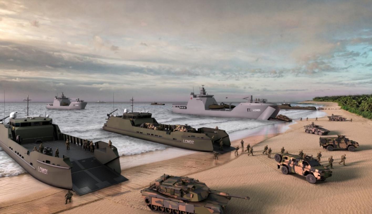 Landing craft in a littoral environment showing littoral combat vehicles