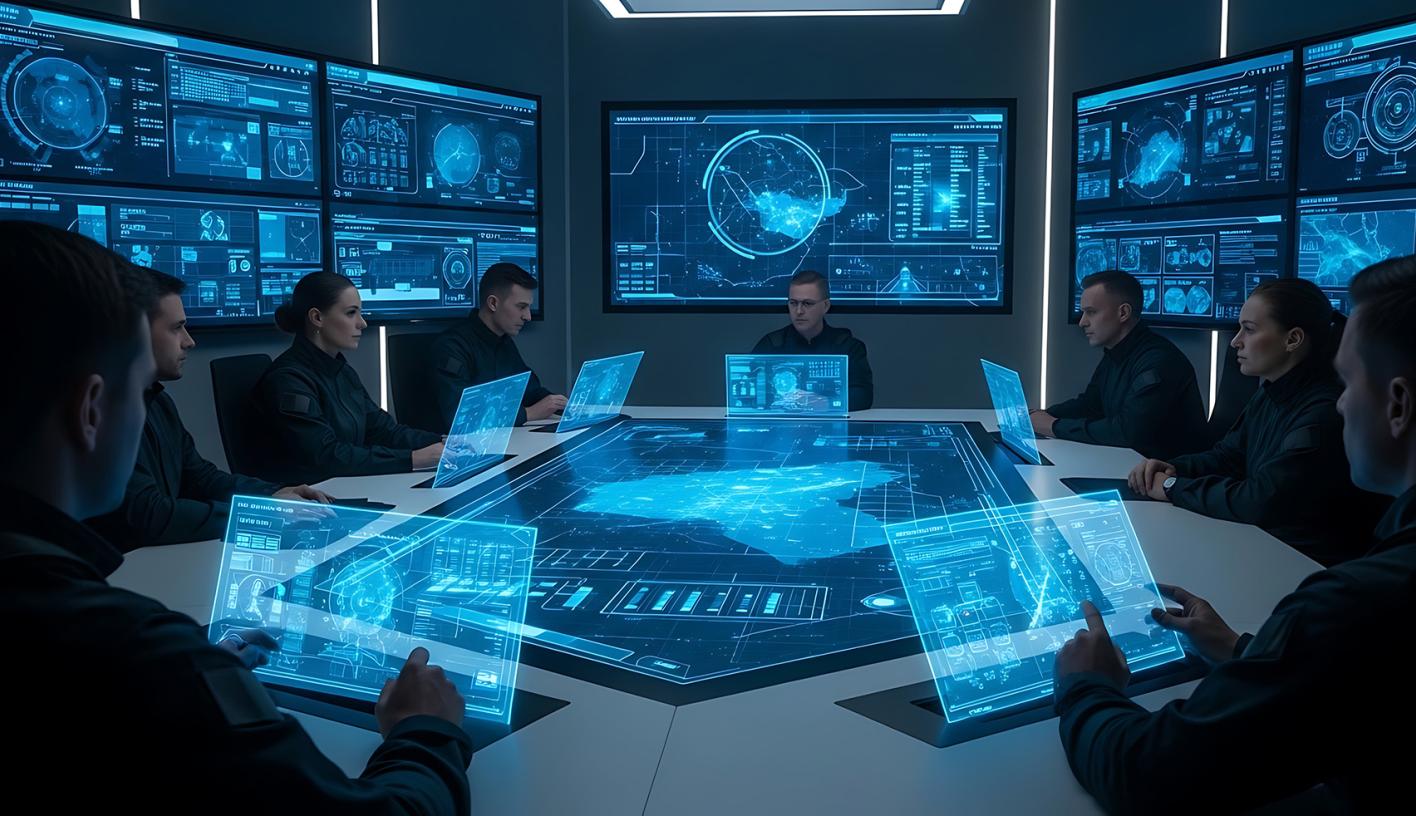 Scci-fi based miltary planning imag with military offers sitting around a planning table with futuristic displays