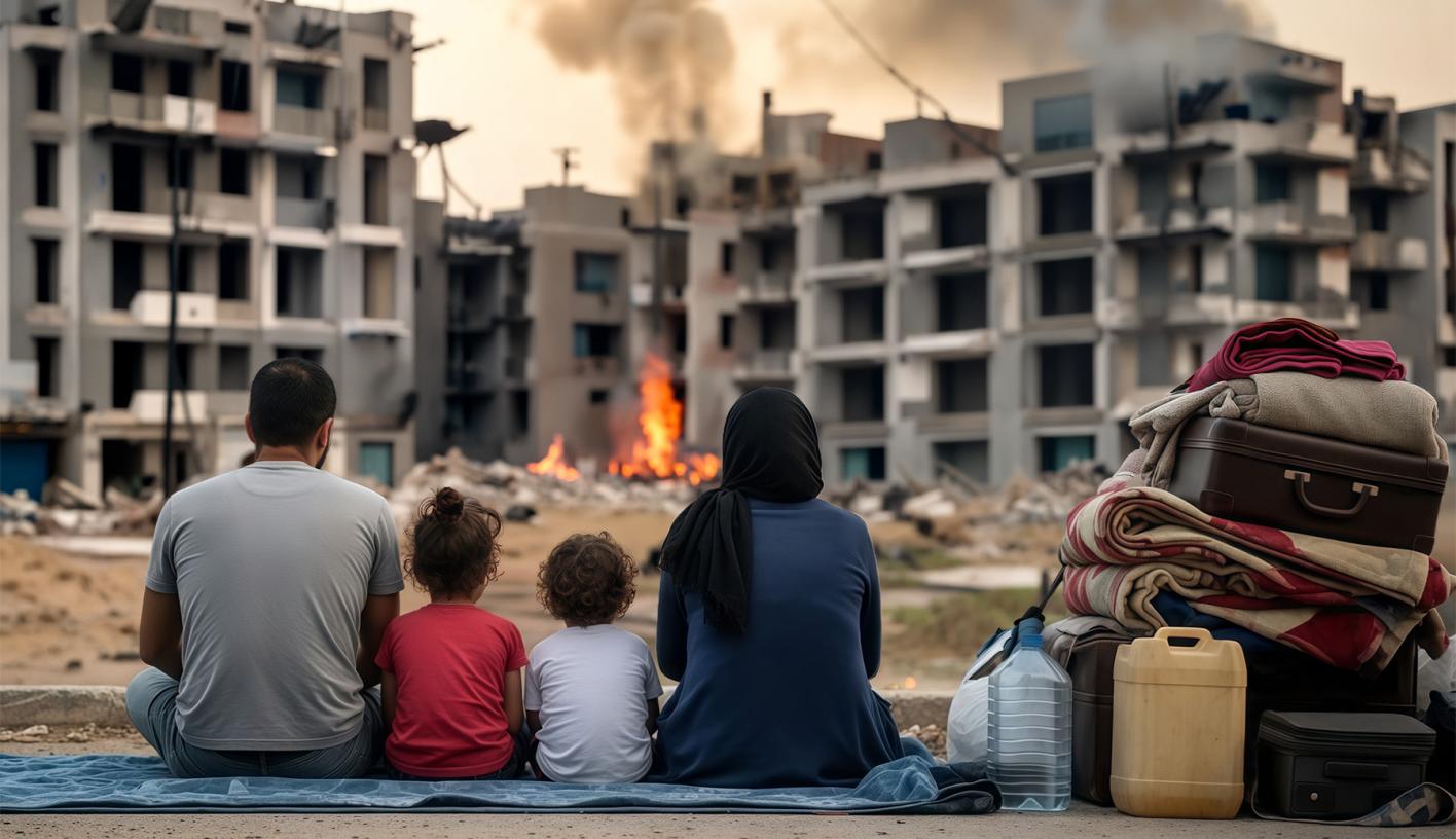 A displaced family watches their city burn