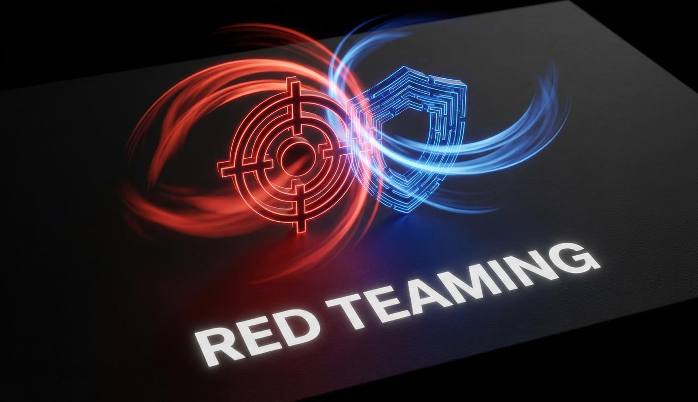 A red target shape attacking a blue sheild shape with the legend Red Teaming across the bottom