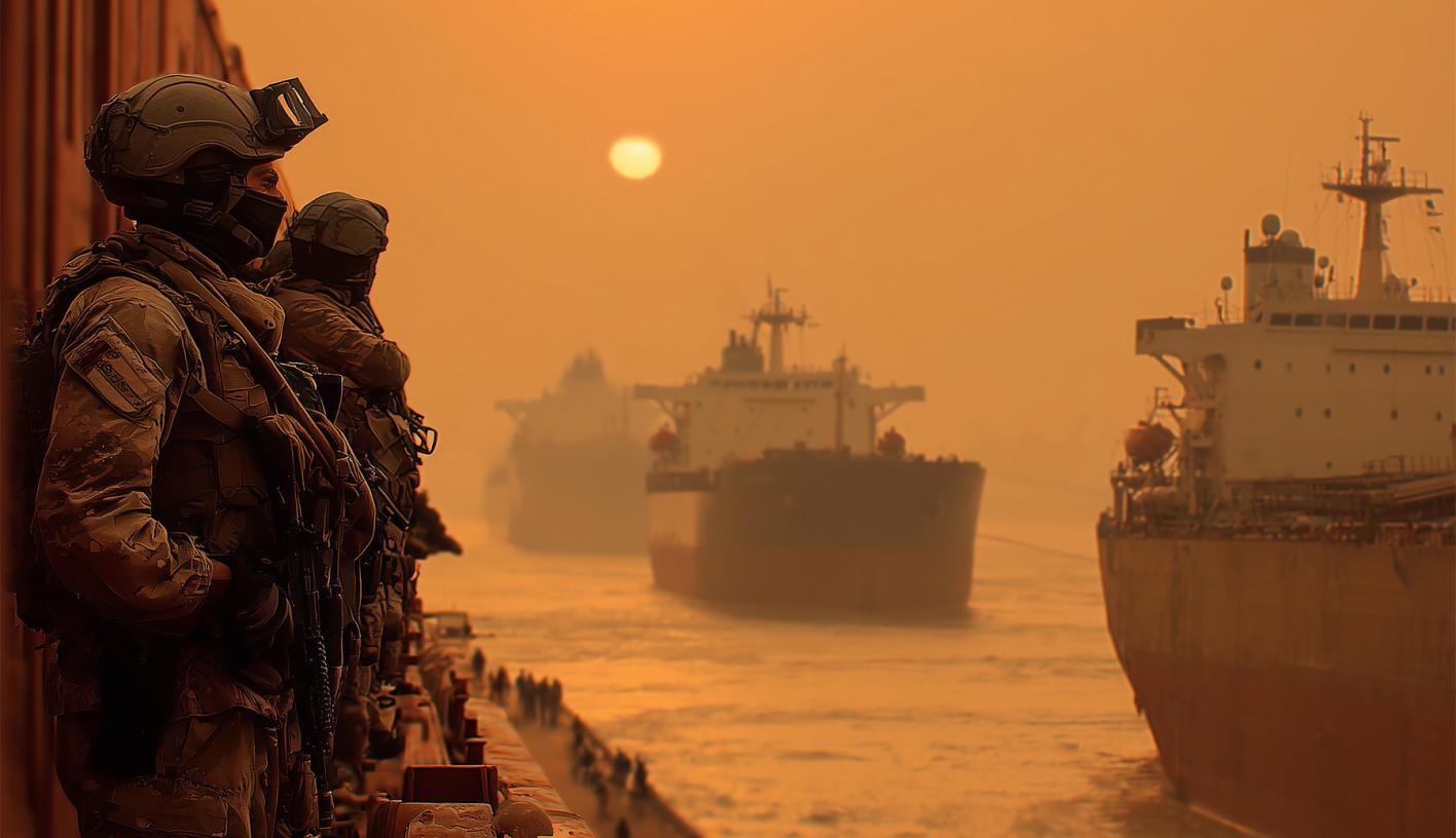 Soldiers watching oil Tank Ships