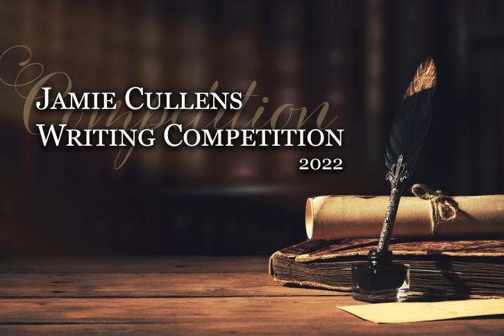 Jamie Cullen's Writing Competition with books and a scroll