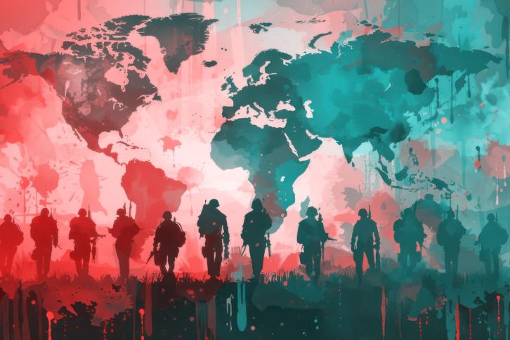 A line of soldiers in front of a world map