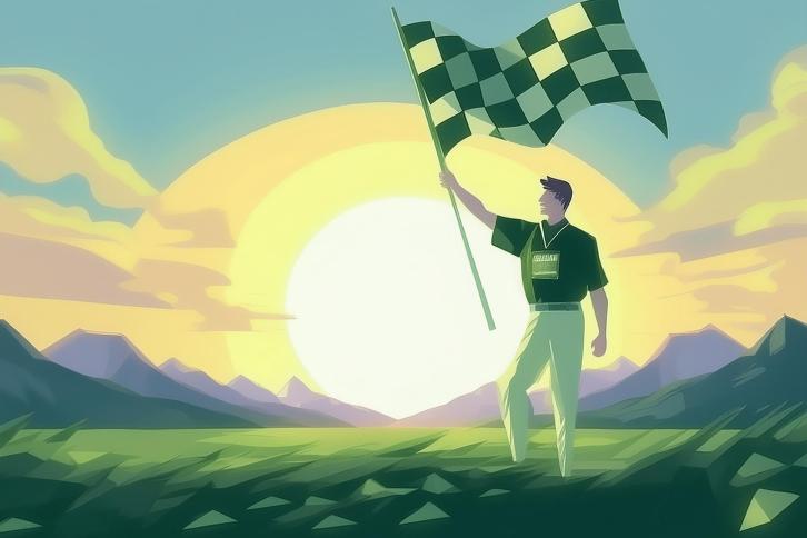 Man holding a checkered flag indicating the end of coaching