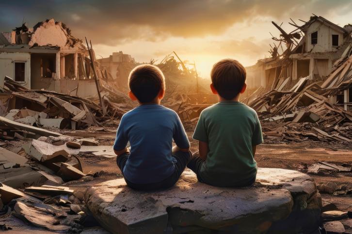 Two Children in a warzone indicating the possible divergent futures