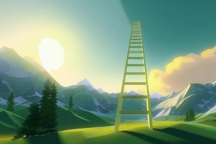 A ladder in a field stretching into the sky