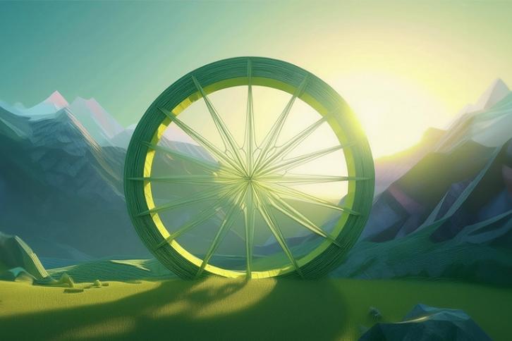 A wagon wheel with the sun setting behind it