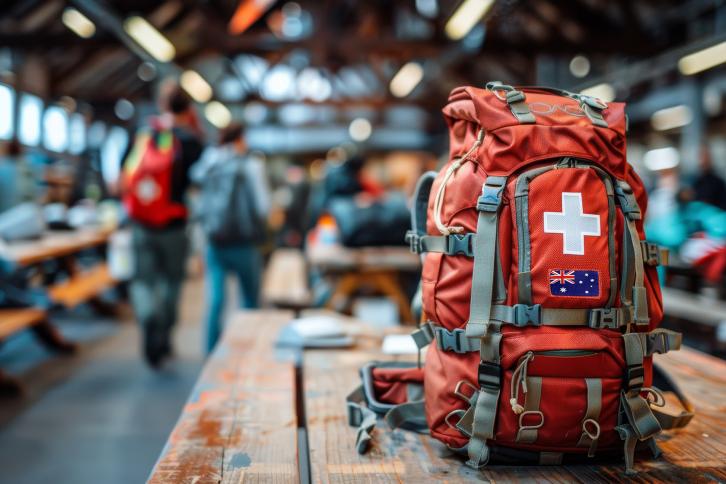 An Australian medical backpack in a disaster response staging area.