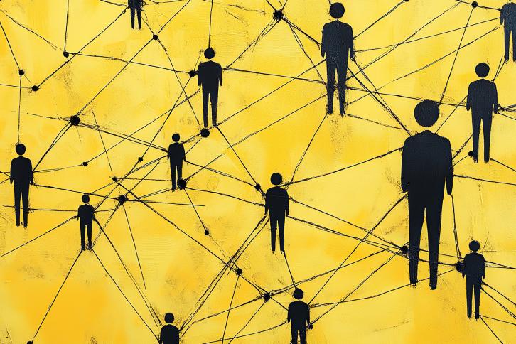 Black drawn people figures connected by black lines over a yellow field. 
