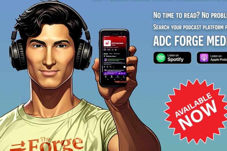 A man holding a phone showing the Forge on Spotify