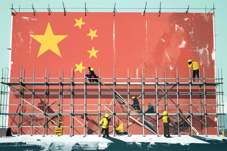 The Chinese Flag with rigid scaffolding in front of it