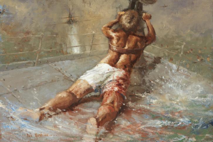 Painting of Ordinary Seaman Edward Sheean, HMAS 'Armidale' strapped to a gun, by Dale Marsh 1978