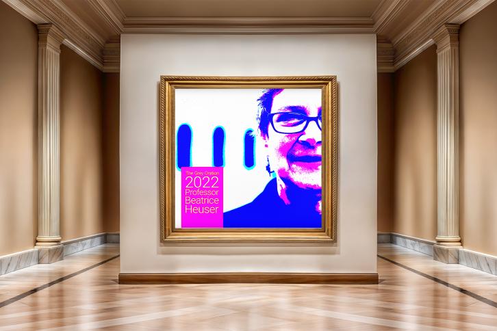 The podcast art hanging in a gallery