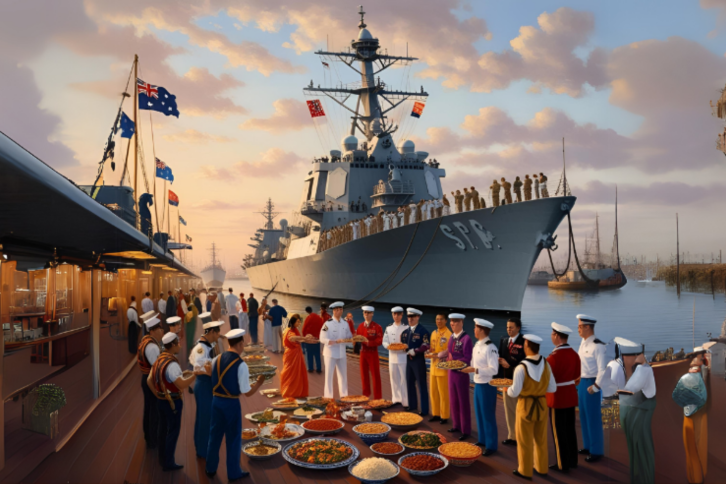 A Pier with a mix of cultures and goods, with a Royal Australian Navy vessel in the background. 