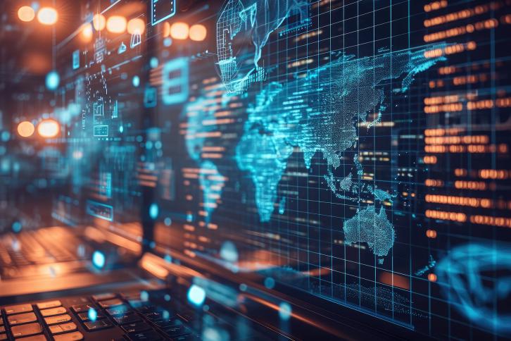 Neon world map in cyberspace