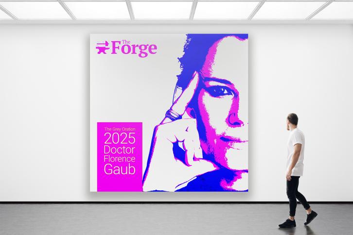 A styled vesrion of the cover art for Crey Oration 2025 hanging in s Gallery