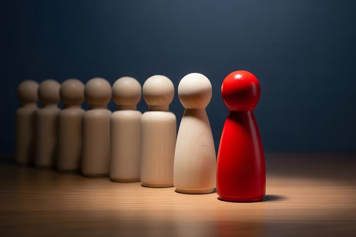 A red simplifed carving of a person leads a line of unpainted figures.