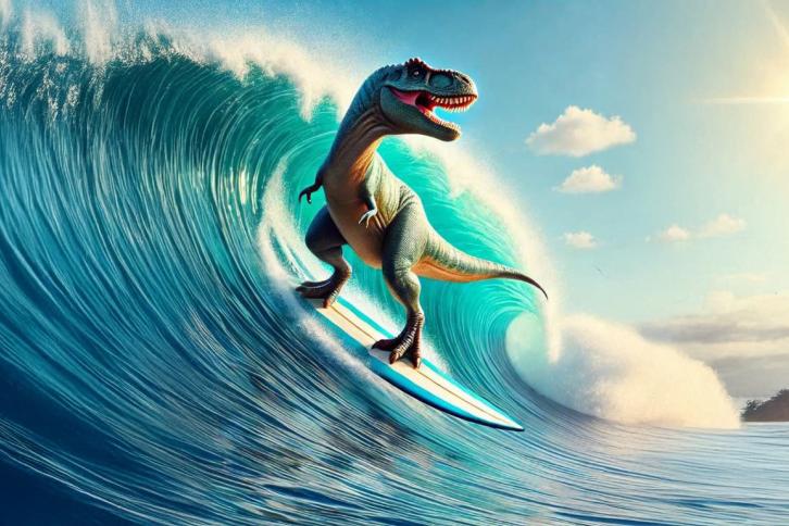 A dinosaur on a surfboard catching a wave