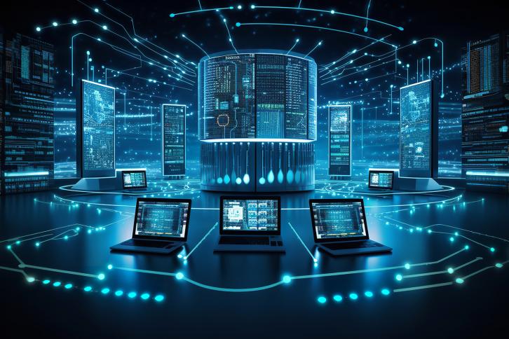 Dighital technology on display with laptops and screen with interconnected glowing lines.