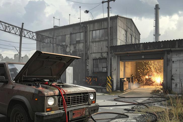 In a 3 x 4 landscape frame there is a utility vehicle in the foreground. The bonnet is up and there are jumper cables attached to the vehicle battery. The cable snake off into the background where they enter a factory. The factory is two stories tall with a smokestack. The vehicle is jumpstarting the factory, so there are sparks coming out of the factory door. Photorealist treatment.