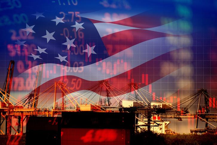 The USA Flag and a stockmarket ticker superimposed over a shipping port