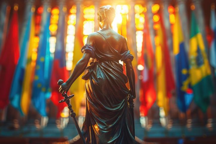 Statue of Justice face the worlds flags