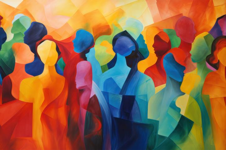 An abstract painting of multi coloured people