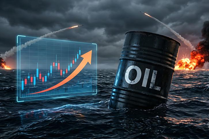 Rising oil prices chart with barrel floating in stormy sea during conflict scenario showing fuel costs inflation energy crisis market volatility global economic impact military tension