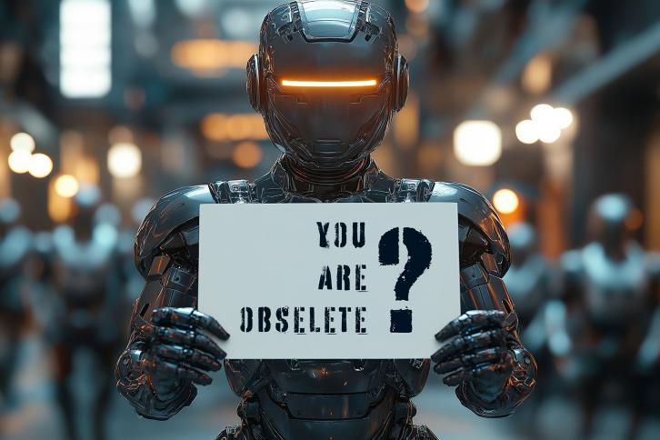 A robot holding a sign that asks if the reader is obselete