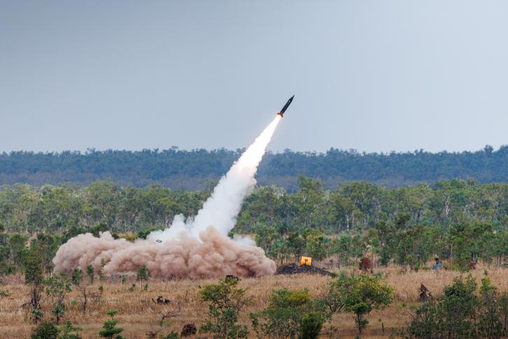 An Australian Army HIMARS from 14th Regiment, Royal Australian Artillery, fires a Precision Strike Missile (PrSM) from Mount Bundey Training Area, Northern Territory during Exercise Talisman Sabre 2025.