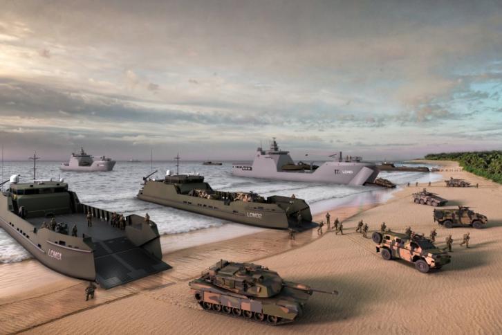 Landing craft in a littoral environment showing littoral combat vehicles