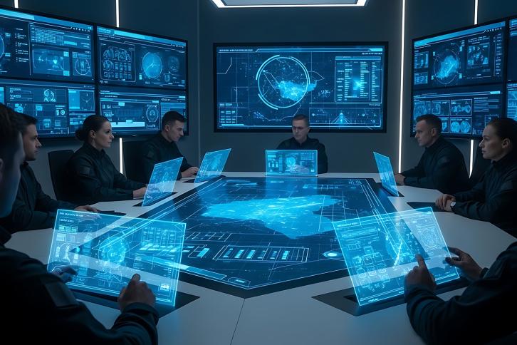 Scci-fi based miltary planning imag with military offers sitting around a planning table with futuristic displays