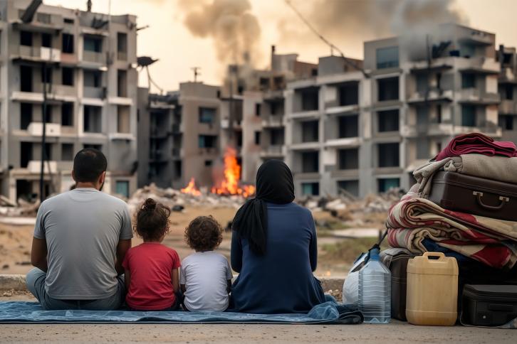 A displaced family watches their city burn
