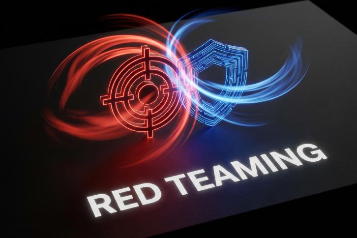 A red target shape attacking a blue sheild shape with the legend Red Teaming across the bottom