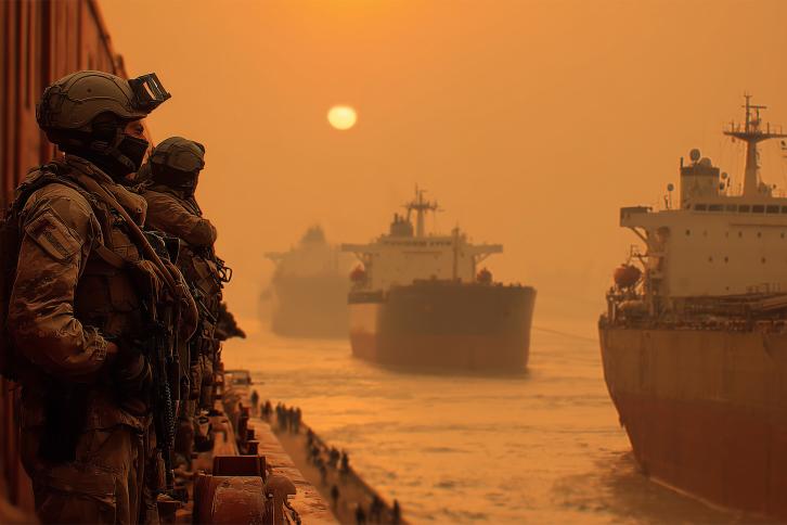 Soldiers watching oil Tank Ships