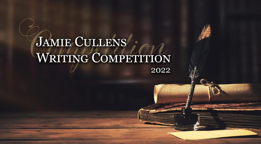 Jamie Cullen's Writing Competition with books and a scroll