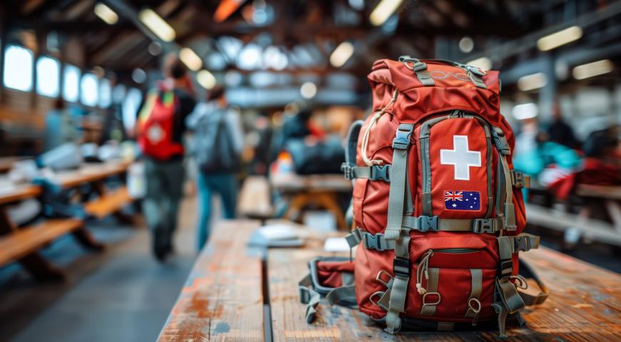 An Australian medical backpack in a disaster response staging area.