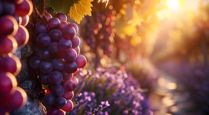 Grapes on a vine, with the setting sum low on the horizon.