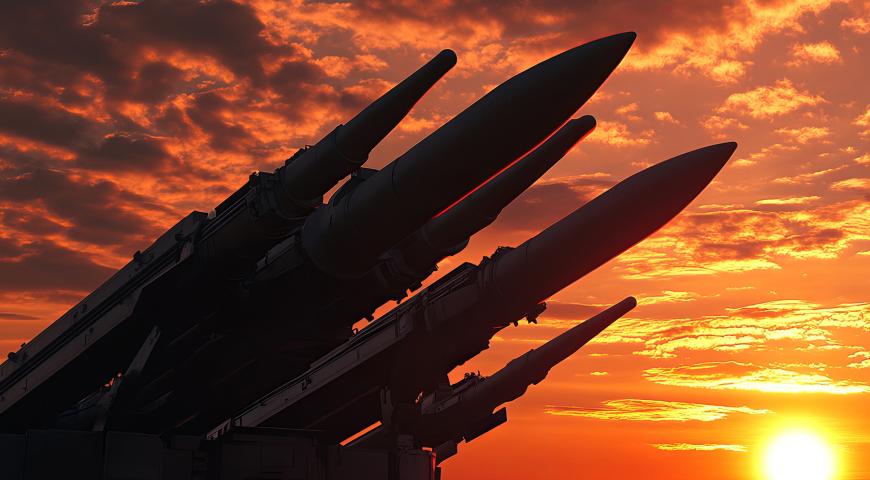 Missles aimed at the sky with a sunset in the background