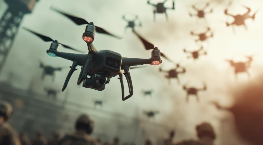 A flock of drones over a battle field
