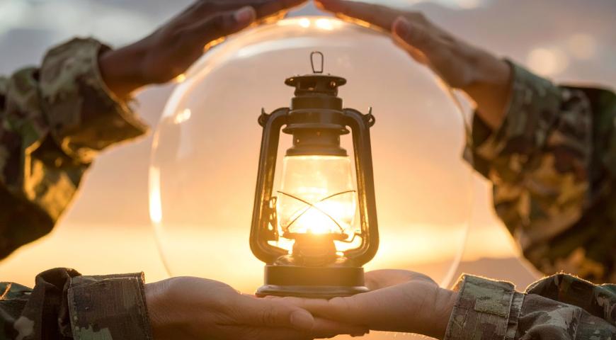 Many hands holding a lantern