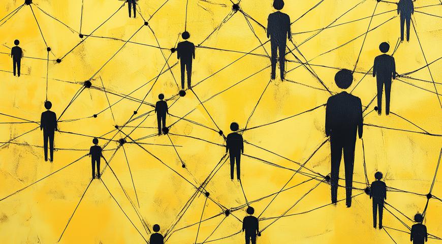 Black drawn people figures connected by black lines over a yellow field. 