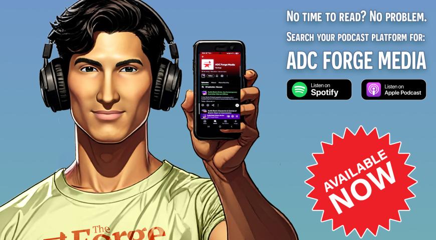 A man holding a phone showing the Forge on Spotify