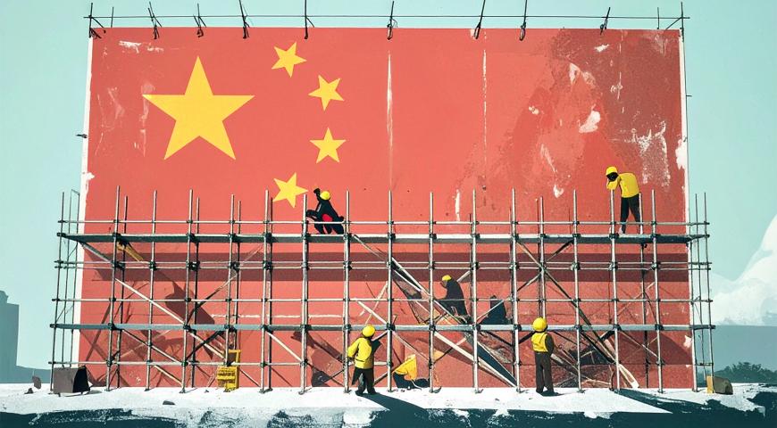 The Chinese Flag with rigid scaffolding in front of it
