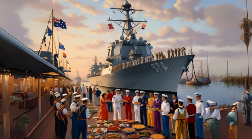 A Pier with a mix of cultures and goods, with a Royal Australian Navy vessel in the background. 
