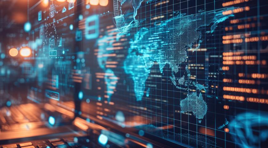 Neon world map in cyberspace