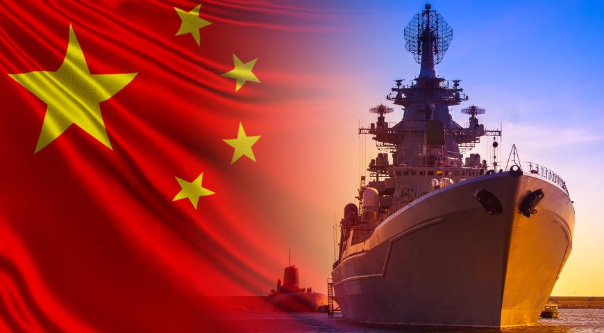Chinese flag and a warship